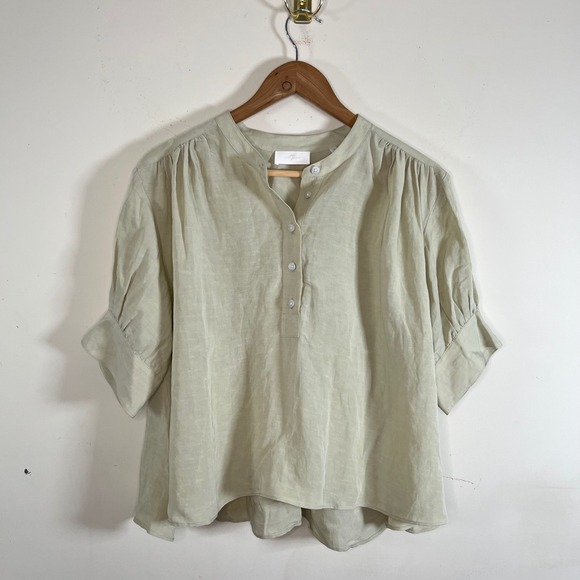 7 For All Mankind Tops - 7 For All Mankind Linen Blend Sage Green Blouse Puff Sleeves Prairie Size Large